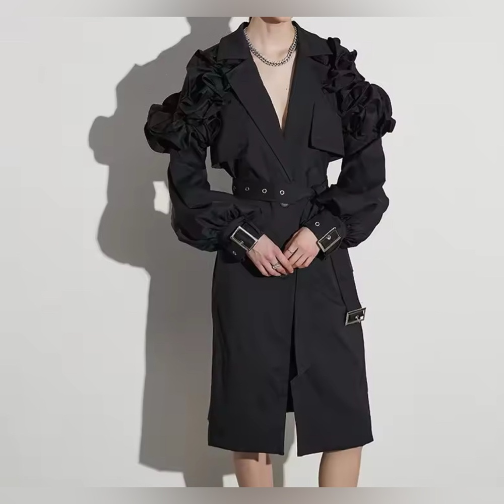 NEW $195 London Britberry Tan Ruffle Sleeve Trench Coat - Picture 7 of 11